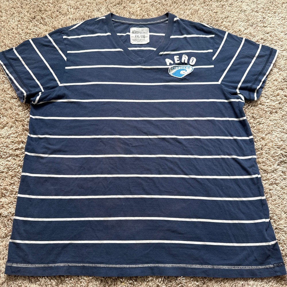Aeropostale Mens XXL V-Neck T-Shirt Navy Blue Striped Y2K California Wave Logo
